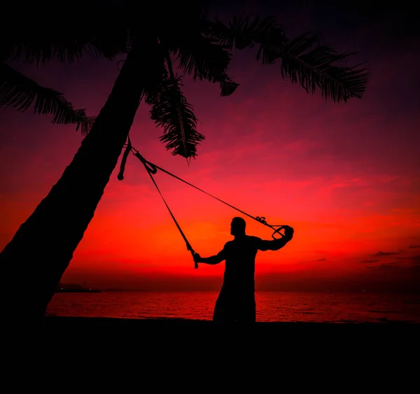 Athlete Performs Exercises Beach Fitness Straps Which Fixed Palm Tree — Stock Photo, Image