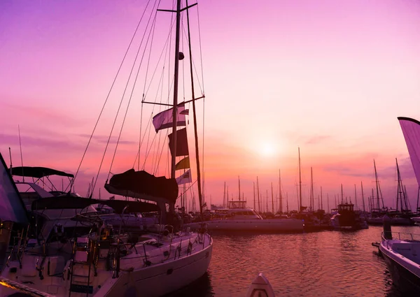 Beautiful View Marina Harbor Yachts Motorboats Sunset Ocean Background — Stock Photo, Image