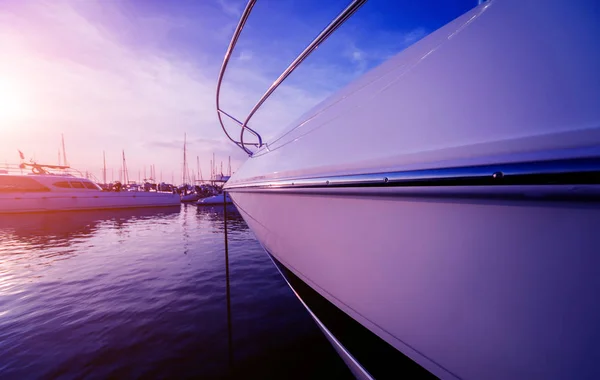 Vue Port Avec Les Détails Des Yachts Beau Ciel Couchant — Photo