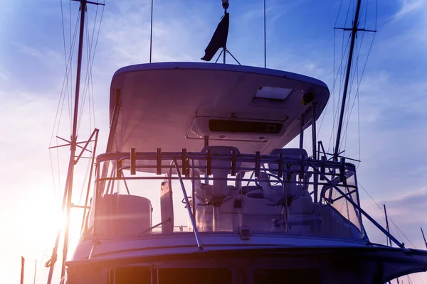 Blick Auf Den Hafen Mit Yachten Details Wunderschöner Sonnenuntergangshimmel Der — Stockfoto