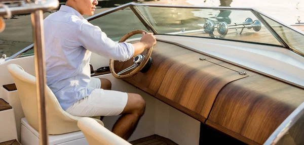 Young Man Sailing Yacht Hands Hold Steering Wheel Background — Stock Photo, Image