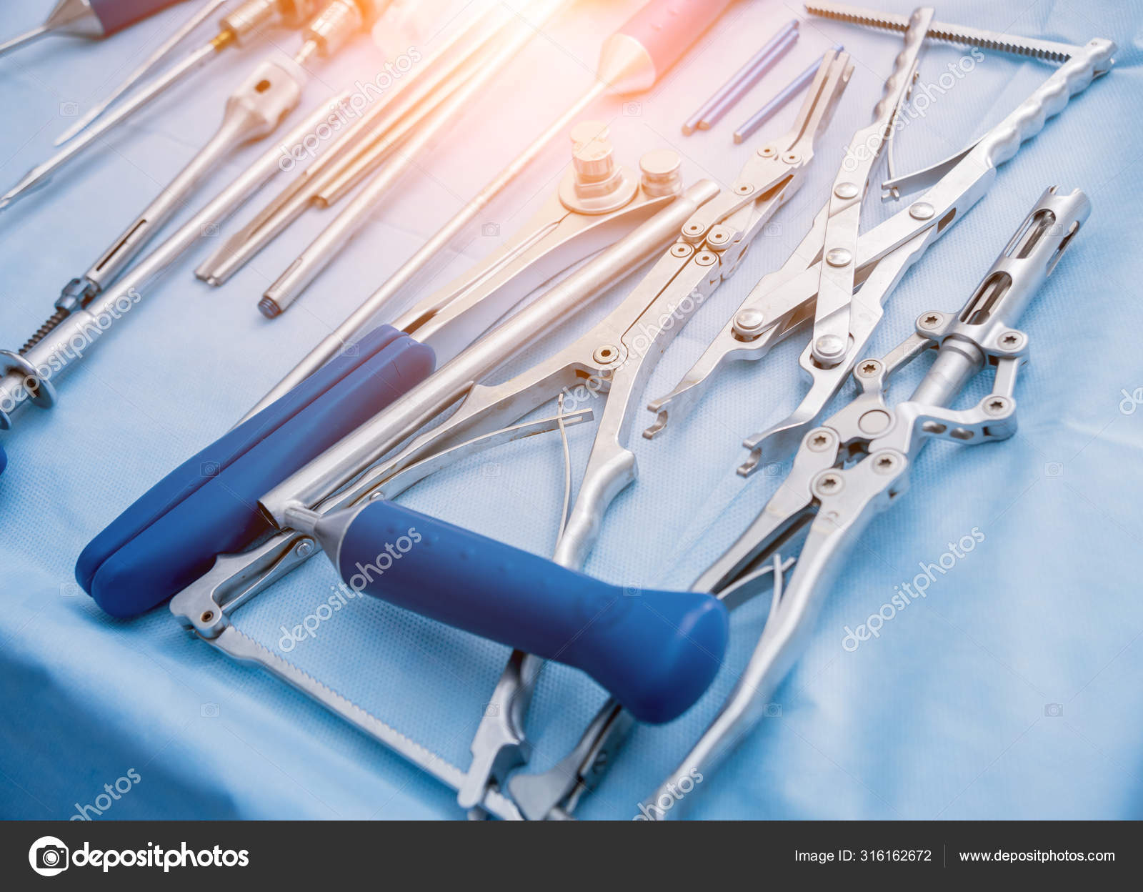 Sterilized Surgical Instruments Tools Blue Table — Stock Photo
