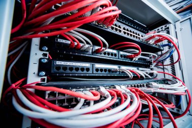 Ağ anahtarı ve ethernet kabloları kırmızı ve beyaz renklerde