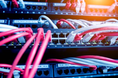 Ağ anahtarı ve ethernet kabloları kırmızı ve beyaz renklerde