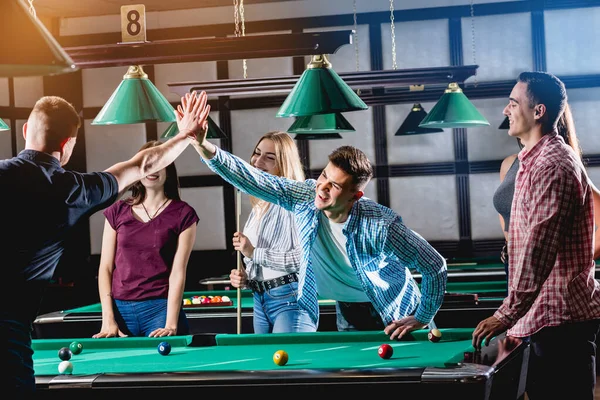 Group Young Cheerful Friends Playing Billiards Funny Time Work Stock Photo  by ©Romaset 316360520