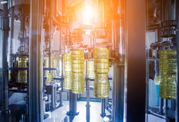 Bottling line of sunflower oil in bottles at plant, high technology concept, industrial background