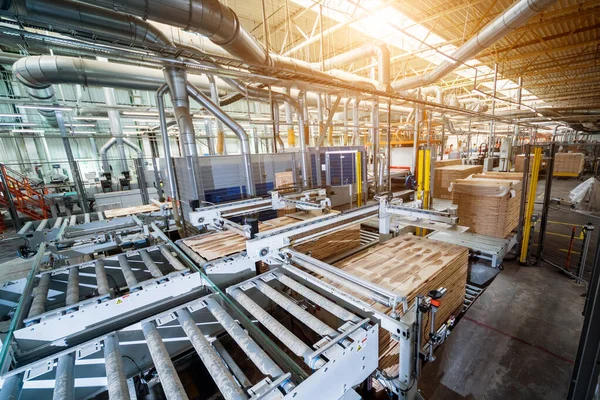Produktionslinie Der Holzbodenfabrik Industrieller Hintergrund — Stockfoto