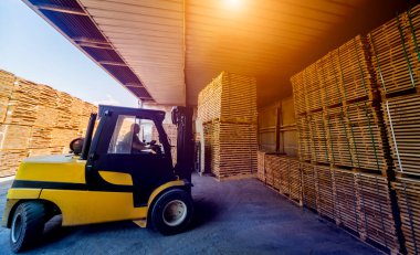 Forklift yükleyicisi keresteleri kuru fırına yüklüyor. Ağaç kuruyor.