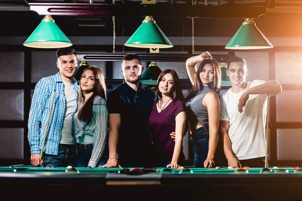 Group Young Cheerful Friends Playing Billiards Funny Time Work — 图库照片