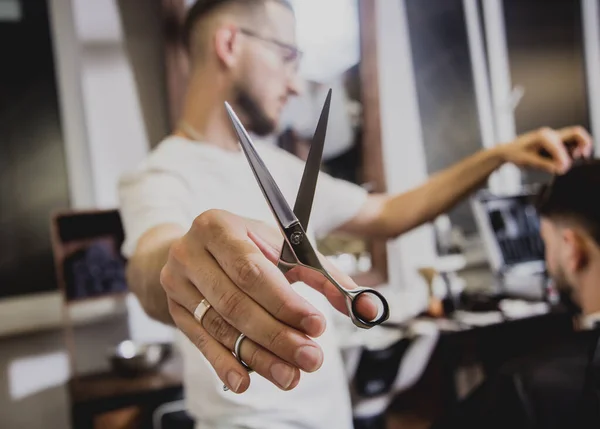 Young Man Trendy Haircut Barber Shop Barber Does Hairstyle Beard — Stock Photo, Image