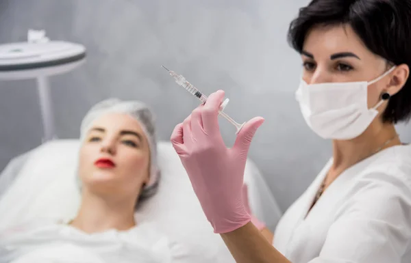 Doctor Cosmetologist Makes Facial Injections Procedure Young Woman Beauty Salon — Stock Photo, Image