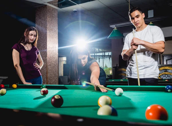 Group Young Cheerful Friends Playing Billiards Funny Time Work — 스톡 사진