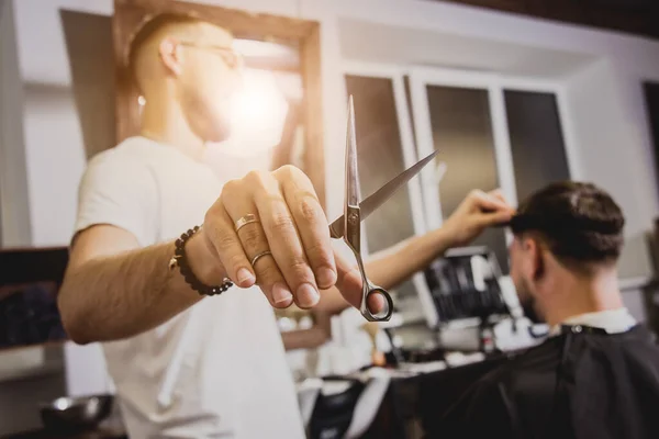 Young Man Trendy Haircut Barber Shop Barber Does Hairstyle Beard — Stock Photo, Image