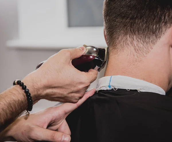 Young Man Trendy Haircut Barber Shop Barber Does Hairstyle Beard — Stock Photo, Image