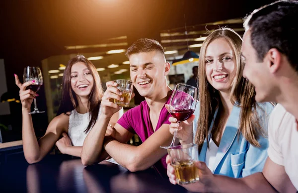 Cheerful Friends Pub Drinking Beer Wine Whisky Talking Having Fun — Stock Photo, Image