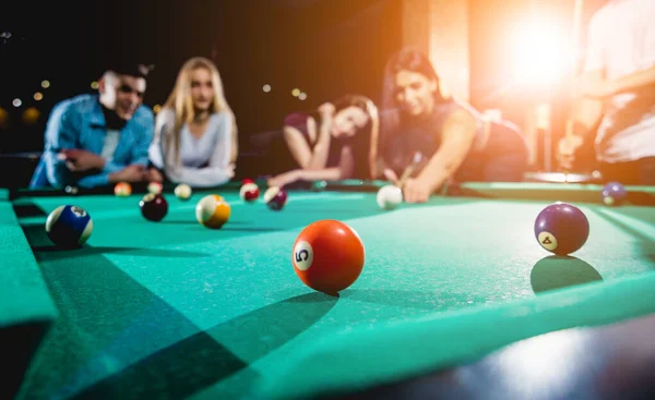 Group Young Cheerful Friends Playing Billiards Funny Time Work — Stockfoto