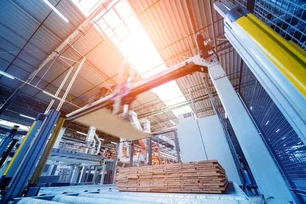 Línea Producción Fábrica Pisos Madera Fondo Industrial —  Fotos de Stock