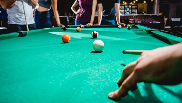 Group Young Cheerful Friends Playing Billiards Funny Time Work Stock Photo  by ©Romaset 316360520