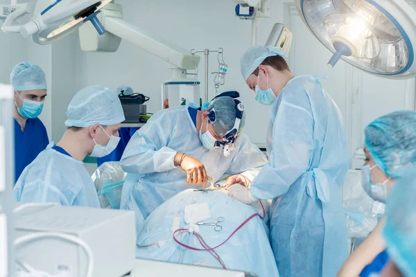 Операция на позвоночнике. Группа хирургов в операционной с хирургическим оборудованием. Ламинэктомия — стоковое фото