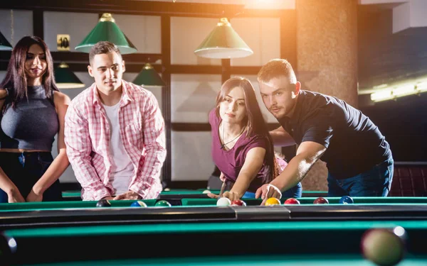 Group Young Cheerful Friends Playing Billiards Funny Time Work — 图库照片