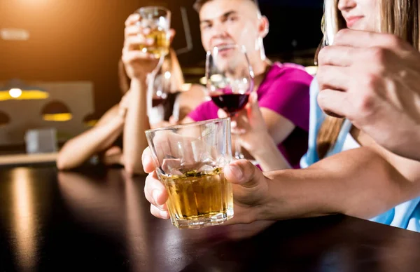 Cheerful Friends Pub Drinking Beer Wine Whisky Talking Having Fun — Stock Photo, Image