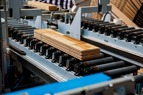 Linea Produzione Fabbrica Pavimenti Legno Sfondo Industriale — Foto Stock