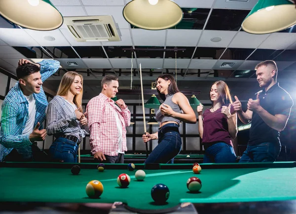 Group Young Cheerful Friends Playing Billiards Funny Time Work — Stockfoto