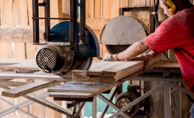 Modern kereste fabrikası. Bir marangoz, makine aletinin ahşap işçiliğinde çalışır. Sanayi geçmişi