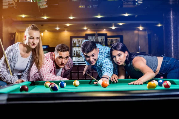 Group Young Cheerful Friends Playing Billiards Funny Time Work — ストック写真