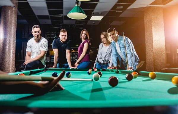 Group Young Cheerful Friends Playing Billiards Funny Time Work Stock Photo  by ©Romaset 316360520