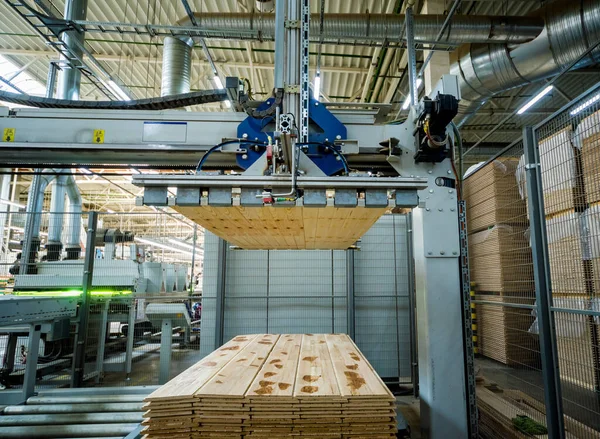 Linea Produzione Fabbrica Pavimenti Legno Sfondo Industriale — Foto Stock