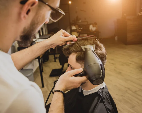 Young Man Trendy Haircut Barber Shop Barber Does Hairstyle Beard — Stock Photo, Image