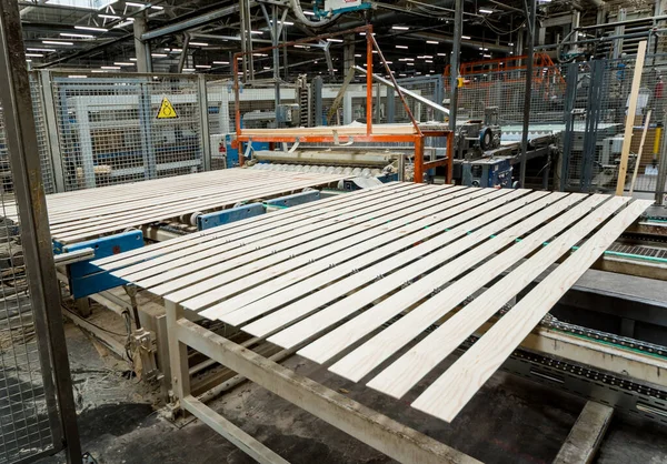 Linea Produzione Fabbrica Pavimenti Legno Sfondo Industriale — Foto Stock