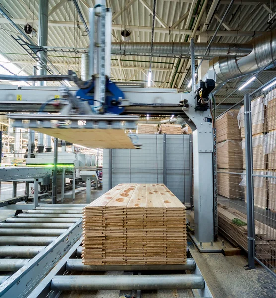 Linea Produzione Fabbrica Pavimenti Legno Sfondo Industriale — Foto Stock