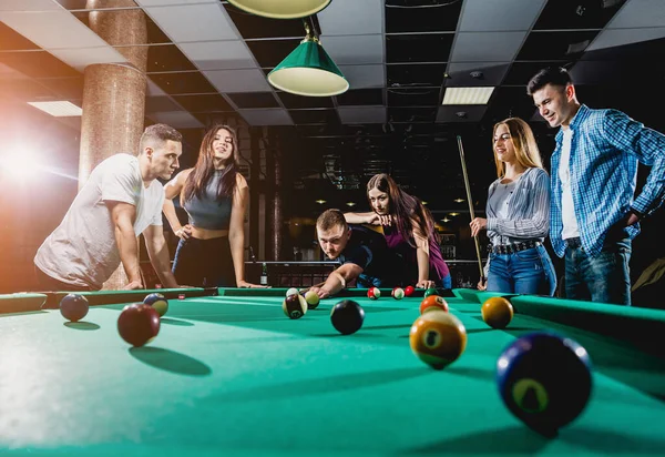 Group Young Cheerful Friends Playing Billiards Funny Time Work — 图库照片