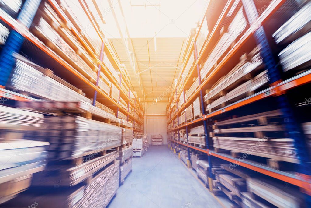 Warehouse industrial company, crates stacked on shelves