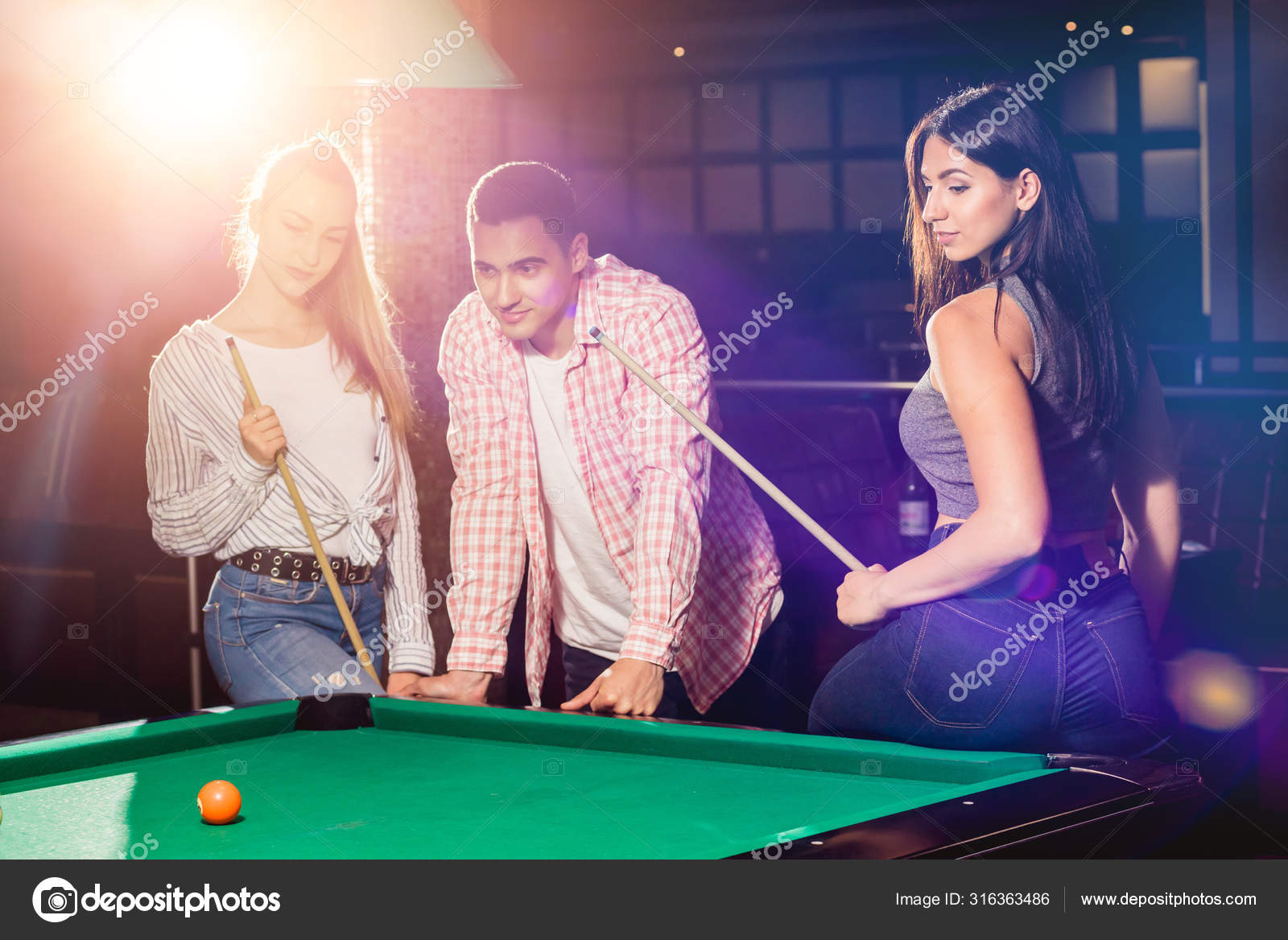 Group Young Cheerful Friends Playing Billiards Funny Time Work Stock Photo  by ©Romaset 316360520