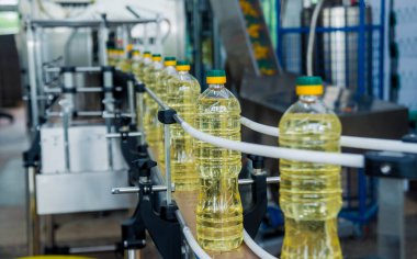 Şişelerdeki ayçiçeği yağı şişeleri, yüksek teknoloji konsepti, endüstriyel arka plan 