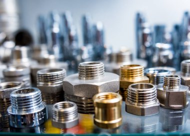 Hortum tesisatı masada. Boru hattı yedek parçaları. Arkaplan