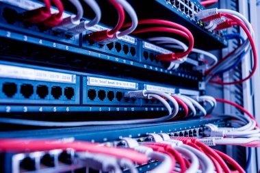 Ağ anahtarı ve ethernet kabloları kırmızı ve beyaz renklerde