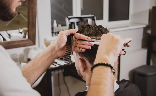 Young Man Trendy Haircut Barber Shop Barber Does Hairstyle Beard — Stock Photo, Image