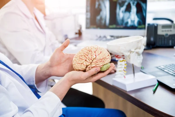 2人の医師が入院している 脳手術の前に医療問題について話し合う 脳のレイアウト — ストック写真