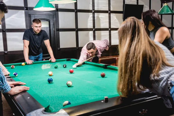 Group Young Cheerful Friends Playing Billiards Funny Time Work — Stockfoto