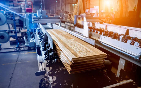 Produktionslinie Der Holzbodenfabrik Industrieller Hintergrund — Stockfoto