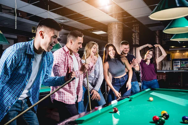 Group Young Cheerful Friends Playing Billiards Funny Time Work — Stockfoto