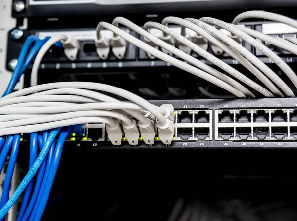 Netzwerk Switch Und Ethernet Kabel Den Farben Rot Und Weiß — Stockfoto