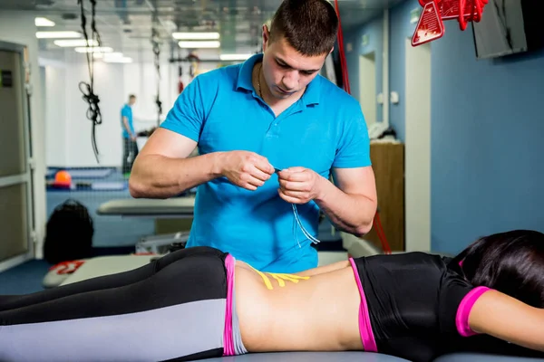 Kinesiotaping Physical Therapist Applying Tape Young Beautiful Womans Spine Physiotherapy — Stock Photo, Image