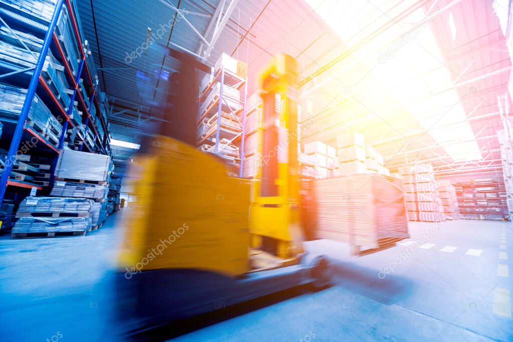 Forklift loader in storage warehouse ship yard, delivery and logistics concept