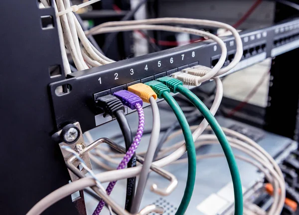 Szerver terem számítógépekkel az internethez. Kapcsolókhoz csatlakoztatott hálózati kábelek. — Stock Fotó
