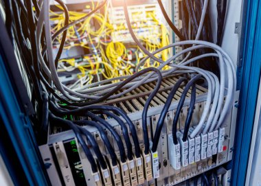 İnternet için bilgisayarları olan sunucu odası. Düğmelere bağlı ağ kabloları.